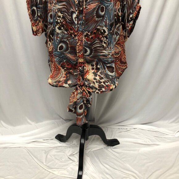 Buffalo Jeans Top Womens Medium Peacock Print Dolman Sleeve Sheer Blouse - Picture 3 of 7